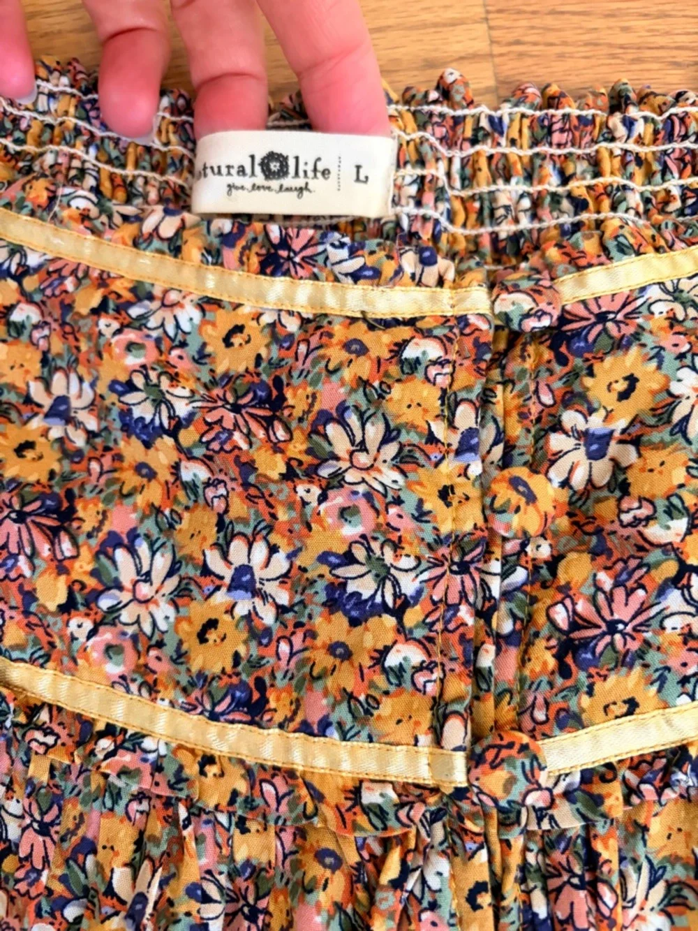 NATURAL LIFE Floral A-Line Skirt - Ribbon & Button Detailing & Front Slit - Picture 2 of 4